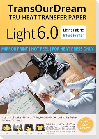 TransOurDream 20 Sheets A4 Light Fabric Transfer Paper for Inkjet Printer | Heat Transfer Paper for Heat Press Machine Printable Vinyl Hot Peeling Vivid Color Durable Cost-Effective(TOD-06-20)
