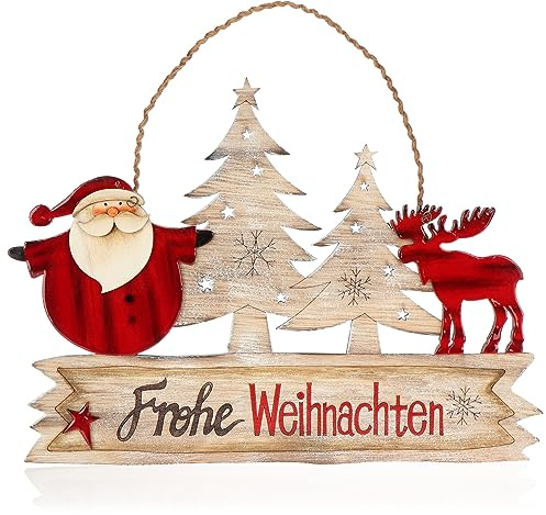 com-four® Hängedeko Weihnachten, Holz-Aufhänger Schriftzug mit Santa Claus | Türschild FROHE WEIHNACHTEN aus Holz für Tür - Fenster oder Wand