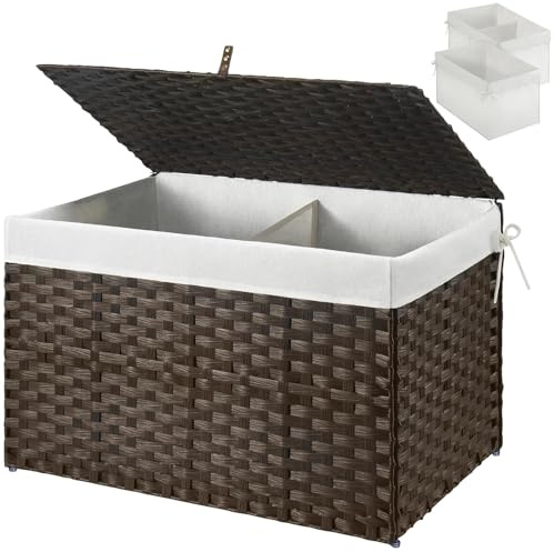 GREENSTELL Storage Basket with Lid, 17.2 Gallon(65L) Small Wicker Blanket Storage Basket with Handles, Foldable, 2 Removable Liner Bags, Metal Frame, for Bedroom, Laundry Room, Brown,22.2*13.4*13.4