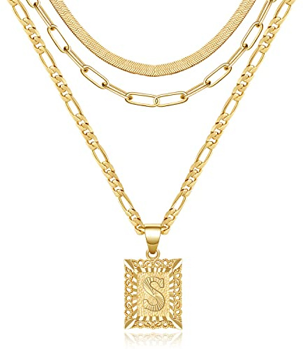 KissYan Juego de collar en capas de oro para mujeres y niñas, collar con colgante de letra inicial chapado en oro de 14 quilates, gargantilla de serpiente y alfabetos de AZ Figaro cadena de regalo