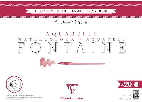 Clairefontaine 975500C - Aquarellblock Fontaine feinkörnig, 20 Blatt, 23x31cm, 300g, geleimt, ideal für Nasstechniken, 1 Block
