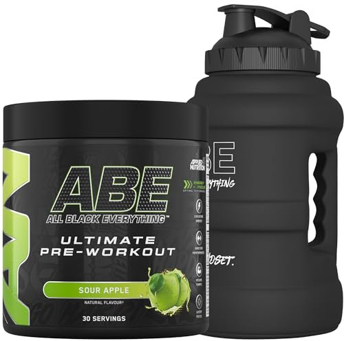 Applied Nutrition Bundle ABE Pre Workout 375g + JUG 2.5 LT Matt Black | All Black Everything Pre Workout Powder, Energy & Physical Performance with Creatine, Beta Alanine (Sour Apple)
