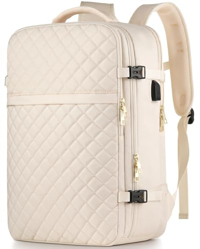 MOMUVO Stor reseryggsäck kvinnor, flyggodkänd handbagage, vattentålig stöldsäker stor ledig dagväska passar 17 tums bärbar dator med USB-laddningsport, beige