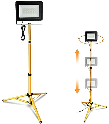 Jiubiaz LED Baustrahler 100W Warmweiß mit Stativ, 8500LM Baustellen Strahler inkl.1m Kabel, 3000K Arbeitsleuchte Wasserdicht IP66, HöHenverstellbar, 360 Grad Drehbar (kein Stecker)