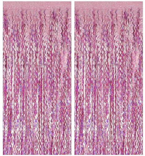 Pink Streamers Fringe Backdrop Party Decorations Tinsel Foil Fringe Curtains Wavy Sparkle Metallic Pink Curtain Photo Booth Props for Birthday Wedding Valentines Day Bachelorette Decorations