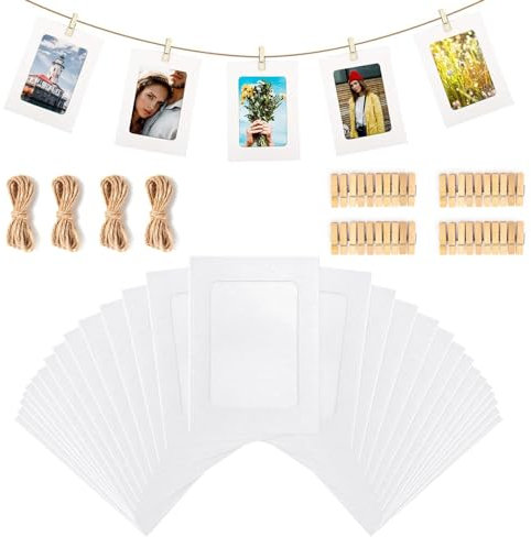 30 Piezas Marco de Fotos de Papel Kraft con Cuerda y Pinzas, 11,5 x 15,5 cm DIY Marco de Foto de Cartón, Se Adapta a Fotos de 6x4 Inch, Marcos de Fotos Colgantes para decoración, Blanco