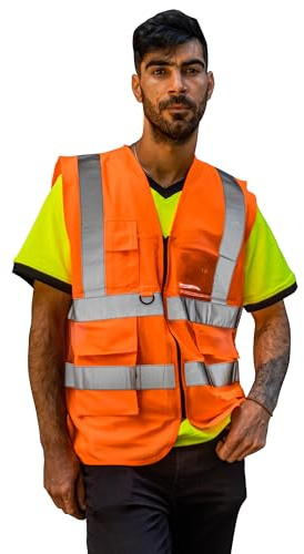 Chaleco de alta visibilidad para hombres y mujeres - chaleco de seguridad laboral - rayas reflectantes - chaleco de advertencia de seguridad - chaleco reflectante de alta visibilidad - Naranja - XL