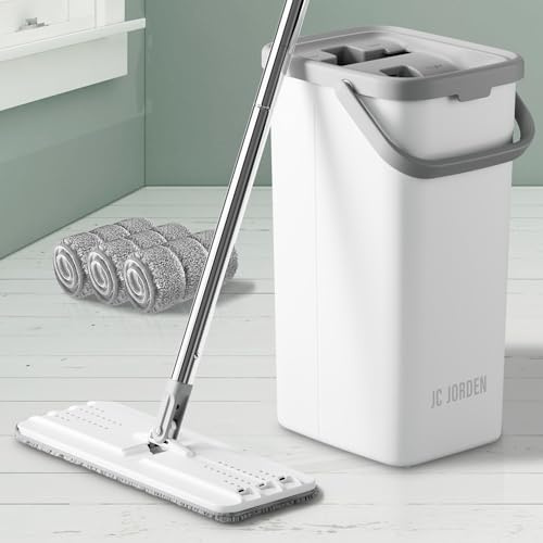 JC Jorden Juego de fregona y cubo con escurridor, fregona plana manos libres y cubo, 3 almohadillas de microfibra lavables incluidas, uso en húmedo y seco, sistema de limpieza de suelos para todo tipo