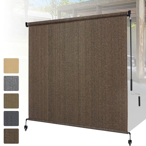 Shade&Beyond Outdoor Roller Shades with Splicing Design, 8' W x 8' H Cordless Patio Roll Up Blinds, Exterior Shade Cloth Roll for Porch, Gazebo, Pergola, Balcony, Mocha