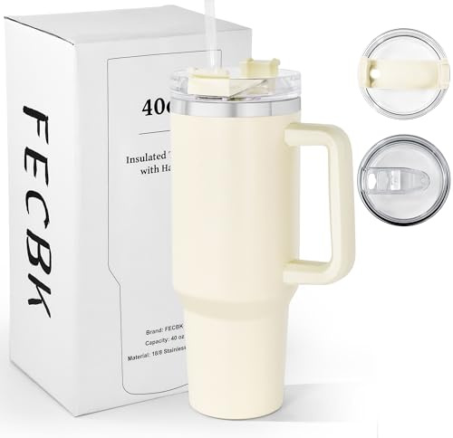 FECBK 1,2L Kaffeebecher to Go Thermobecher Doppelwandig Edelstahl Vakuumisoliert Auslaufsicher Trinkbecher mit Deckel und Strohhalm 40 oz Tumbler Cup, Spülmaschinenfest, Beig