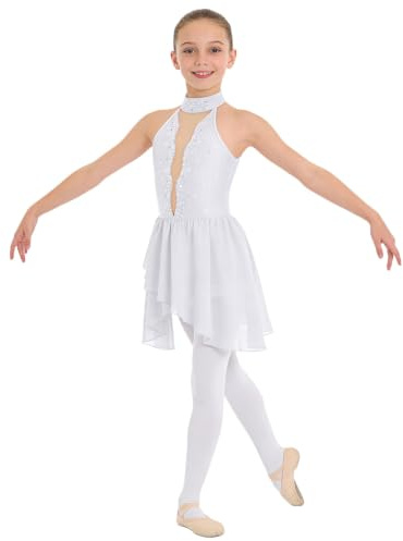 Kaerm Kids Girls Lyrical Dance Dress Contemporary Modern Latin Jazz Ballet Dance Performance Costume White 11-12 Years