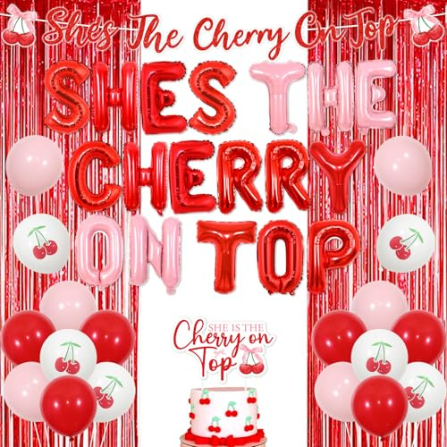 She's the Cherry on Top - Juego de decoración con temática de cereza, telón de fondo de cortina de papel de aluminio rojo, globo de papel de aluminio de cereza, decoración de pastel de compromiso para