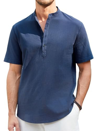 Enlision Linneskjorta herr, kortärmad skjorta, sommarskjorta, fritidsskjorta utan krage, skjorta, herr, strand, ståkrage, skjorta, normal passform, Henley-skjorta, Marinblå, 3XL