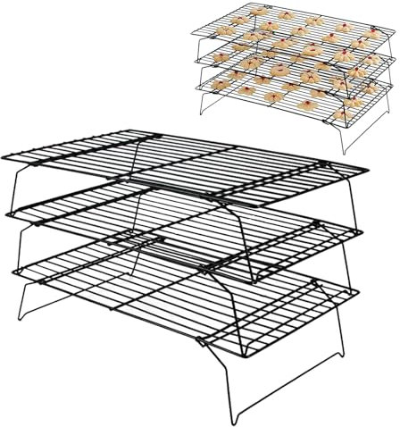 FEADBYT Kühlablage, 3 Etagen Abkühlgitter, 40 x 25 cm Kuchen Kühlregal, Stapelbar, Klappbar Kuchengitter Auskühlgitter, Küche Backen Zubehör Gitter, Für Gebäck, Frisch Gebackene Kuchen, Muffins