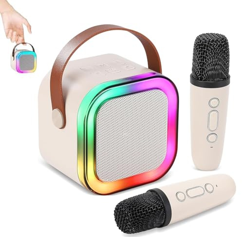 Glistenwing Mini Karaoke,Mini Karaoke Maschine mit LED-Lichtern,Bluetooth Karaoke Lautsprecher mit 2 Kabellosen Mikrofon,Karaoke Geschenke Spielzeug für Kinder und Erwachsene für Home Party (Weiß)