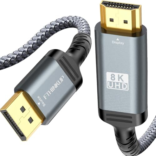 DisplayPort to HDMI Cable, 8K@60Hz, 4K@144Hz, 6.6 ft, DP 1.4 to HDMI 2.1, Braided, Uni-Directiona, Grey