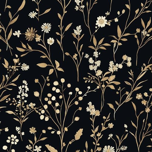 LiKiLiKi Selbstklebende Tapete Schwarz Blumentapete 44×300 cm Blumen und Blätter Mustertapete Vinyltapete Wasserfest Klebefolie für Möbel Badezimmer Wohnzimmer