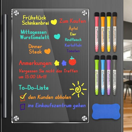 Acryl Magnetischer Wochenplaner für Kühlschrank, 20 X 30 cm Abwischbar Transparenter Familienplane mit 8 Trocken Abwischen Marker und Tafelwischer