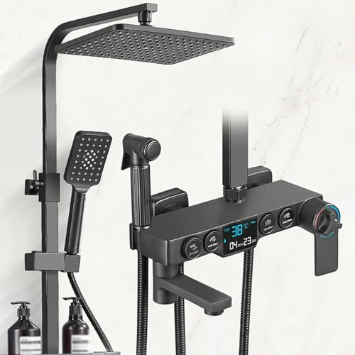 asdchZen Set Rubinetto Doccia a Vista con beccuccio per Vasca, Sistema Doccia termostatico a Vista Nero Opaco, soffione Doccia con doccetta, spruzzatore Bidet, Set Rubinetto Vasca