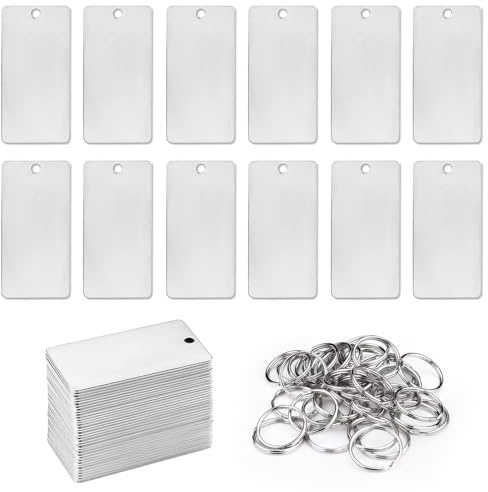 Modixun 35 Pack Edelstahl Rohlinge für Stanzen & Gravieren, Metall DIY Schlüsselanhänger Rohlinge mit Schlüsselring, Rechteck Laser gravierbar poliert Blank Hundemarken, 5 x 2,5cm