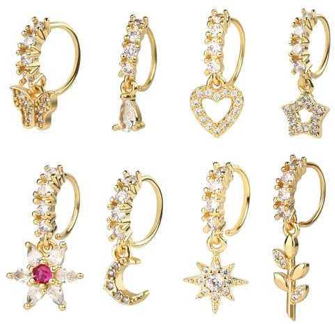 Mikovivi 8St Baumelnde Nasenring Frauen, Kupfer Gold Stern Mond Herz Blume Schmetterling Nasenpiercing Schmuck Modisches Accessoire für Party Geburtstag Abschlussball