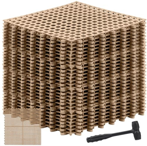 Drydiet 24 Pack Drainage Tiles Modular Interlocking Floor Tiles with 1 Pc Plastic Hammer 12 x 12 Cushion Mat Non Slip Rubber Floor mat with Holes for Pool Bathroom Deck Kitchen Patio (Beige)
