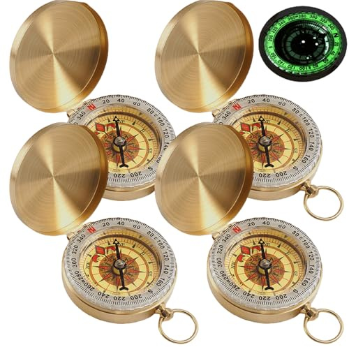Behogan 4 Stück Messing Kompass Outdoor: Taschenkompass für Kinder, Portable Taschenkompass mit Leuchtziffern, Wasserdicht Sprungdeckel Compass für Wandern, Camping und Andere Outdoor Aktivitäten
