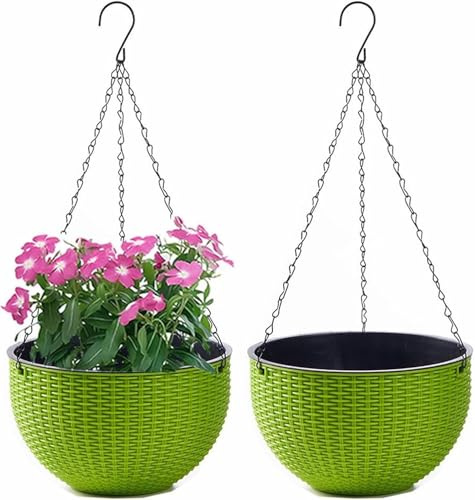 Youning Blumenampel Hängend Außen und Innen Kunststoff Hängetopf für Pflanzen 2 Stück Blumentopf Hängend Hängeampel mit Kette Selbstbewässerung Hängepflanztöpfe für Blume Decken Balkone Garten (Grün)