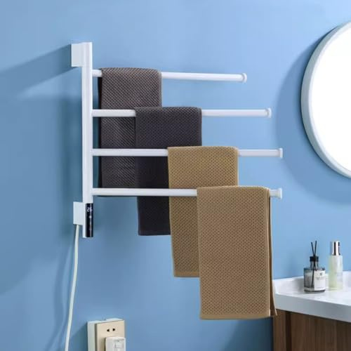 LYMGRZ Toallero Giratorio con Temporizador, toallero eléctrico con calefacción, toallero Giratorio de 180° con 4 Barras, Calentador de Toallas de Pared de 82 W, tendedero calefactable enchufable pa