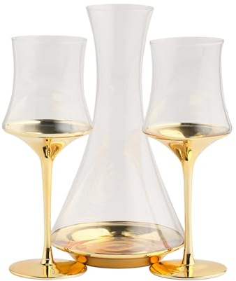 home&you - Gläser und Karaffe Set Helena 1.3l, Glaskaraffe 2 Gläsern, Wasserkaraffe, Karaffe mit Deckel, Glaskrug, Wasserkrug, Saftkaraffe, Weinkaraffe - Gold