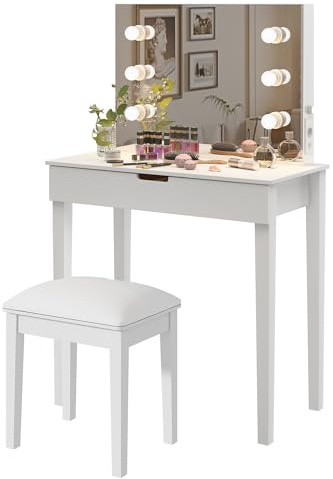 Generisch Juego de tocador con 6 luces LED, brillo ajustable, enchufes y puertos USB, mesa impermeable y 2 cajones, incluye cómodo taburete de maquillaje (blanco)