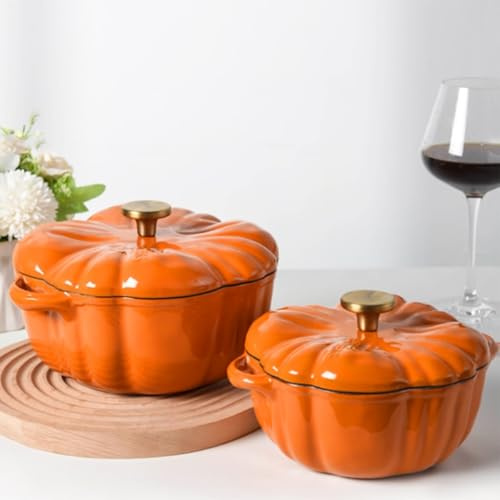 Marmite Citrouille,Cocotte en fonte émaillée avec couvercle,Casserole citrouille,Passe au four et à la cuisinière pour Halloween,Thanksgiving(Large)