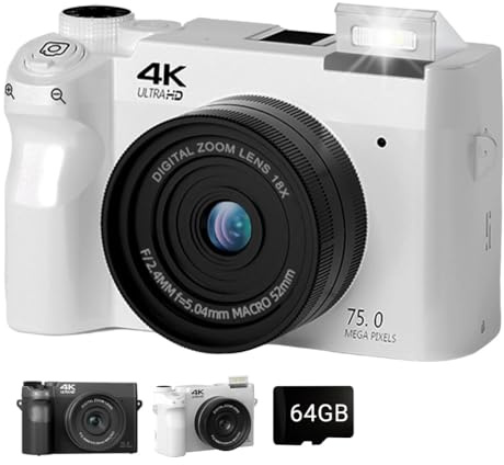 Zoomix Digitalkamera, 4k 75mp Digitalkamera, 18x Digital Zoom Kompaktkamera med 3,0 Skärm och Smart Fokus, Dubbla Främre och Bakre Kameror(White-64gb#)
