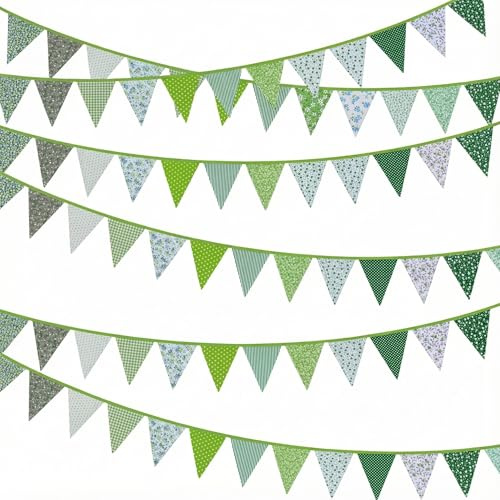 Tatuo 39.4 Feet Fabric Bunting Banner Green Floral Flag Banner Triangle Pennant Bunting Garlands for Spring Wedding Birthday Party Patio Indoor Outdoor St Patrick's Day Baby Shower Decoration Supplies