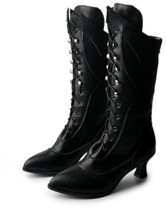 Générique Bottes Femme Mi-Mollet Vintage à Lacets, Détails Brogue et Petit Talon Aiguille pour Tenue de Bureau Automne-Hiver,Noir,43 EU