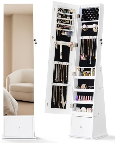 LUXFURNI Freistehender drehbarer Schmuckschrank mit Ganzkörperspiegel | 360° drehbarer Sockel, 6 LED-Leuchten, 2 hintere Ablagen, 1 tiefe Schublade, echtes Glas, geruchsarmes Holz, abschließbar