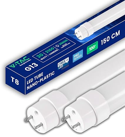 V-TAC 2x Tubes LED 150 CM - T8 G13-20W - [CHIP LED CREE - HAUTES PERFORMANCES] - 2100 Lumens - Tubes pour Plafond, Mur, Garage - Tube T8 - Remplacement des Néons - Chaud 3000K
