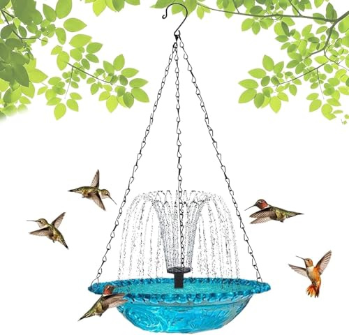 2026 New Solar Cascade Hanging Bird Bath Fountain, Hanging Bird Bath with Solar Fountain, Outdoor Water Feature with Pump, Glass Bowl, Weatherproof, Attracts Wild Birds & Hummingbirds (Blue)