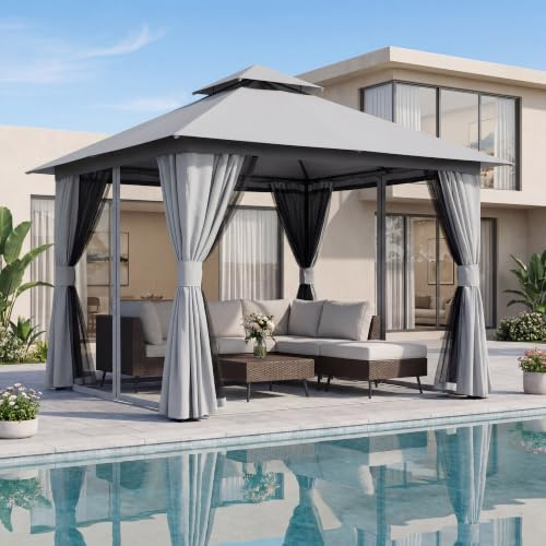 LAUSAINT HOME Pavillon 3x3 m Semi-Permanenter Gartenpavillon, Partyzelt Unterstand mit Doppeldach, Moskitonetzen & Sichtschutzwänden, Grau 304,8 x 304,8 cm für Garten Hinterhof