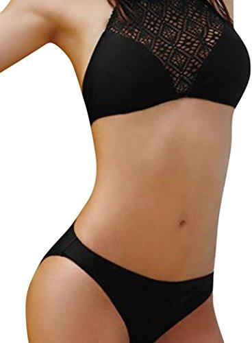 DAY8 Maillot de Bain 2 Pièces Femme Push Up Grande Taille Shorty Sexy Bandeau Pas Cher Dentelle Tankini Bikini de Plage Bustier Retro Vintage Bohème Beachwear Brassiere Triangle Taille Bas (S, Noir)