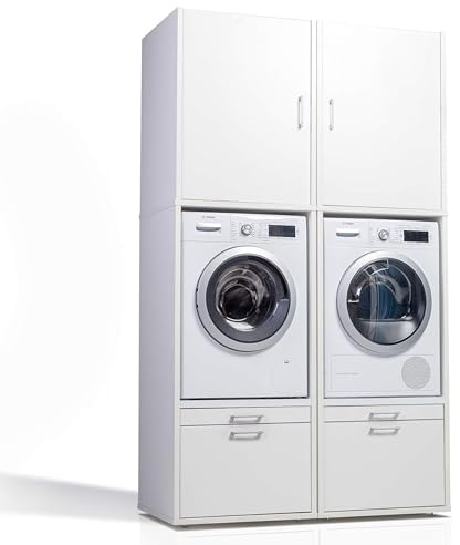 WASCHTURM • 2X Waschmaschinenschrank & Schrankaufsatz (87 cm hoch) • Mit Schublade & Ausziehbrett • TÜV-Zertifiziert