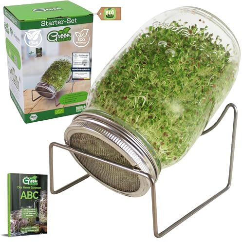 Green SEEDS Bocal à germes 1 Set de 1000ml avec Couvercle à Grille en Acier Inoxydable de Haute qualité, Support + ABC des germes Gratuit [E-Book]