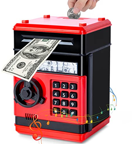 Thedttoy Elektronische Spardose Safe Kinder Tresor Digitale ATM Sparschwein | Number Bank Große Geldautomat mit Code, Weihnachts Geburtstags Geschenke für 3-12 Jahren Mädchen Jungen (Rot)