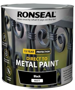 Ronseal Direct to Metal Paint Black Matt 2.5L | Water-based coating for ferrous surfaces with primer-free application, 30-minute shower resistance and 8m²/L coverage.