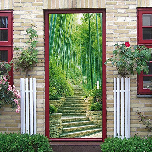 ZOOINB 3D Türaufkleber 86X200Cm Türtapete Selbstklebend Türposter - Treppen Grüne Bambuslandschaft Fototapete Türfolie Poster Tapete Meer Aufkleber DIY Schlafzimmer Wandbild PVC wasserdichte Tapete