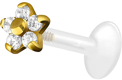 PIERCINGLINE PTFE Labret mit Gewinde TITAN AUFSATZ KRISTALLBLUME Piercing Lippe Nase Ohr Helix Goldfarben 1,2 x 10 mm