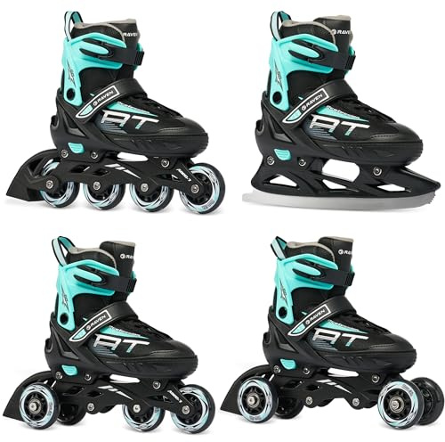 RAVEN Profession 4in1 Inline Skates Pattini in linea Triskates Pattini a rotelle/da ghiaccio per bambini e adulti regolabili (Black/Mint, 38-42 (25cm-27,5cm))