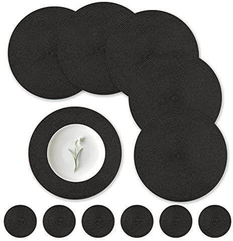 wiipara 12er Set Runde Tischsets Platzsets Abwaschbar, 34cm Gewebte Platzdeckchen Hitzebeständig mit Untersetzer, Tischset Platzset Schwarz Rund für Küche, Weihnachten, Party, Hochzeit (Schwarz)