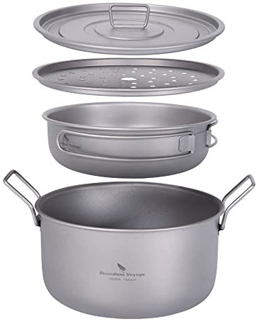 iBasingo Titan 1900ml Topf & 900ml Pfannen Camping Kochgeschirr Set Dampfgarer Topf Bratpfannen Set mit Deckel Outdoor Indoor Wok Tee Tablett Stielkasserolle Leichtes Tragbar Kochset Ti2057C