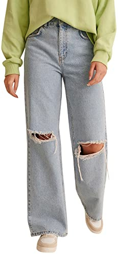 NA-KD Mezclilla de Cintura Alta Rasgada Jeans, Azul Claro, 38 para Mujer